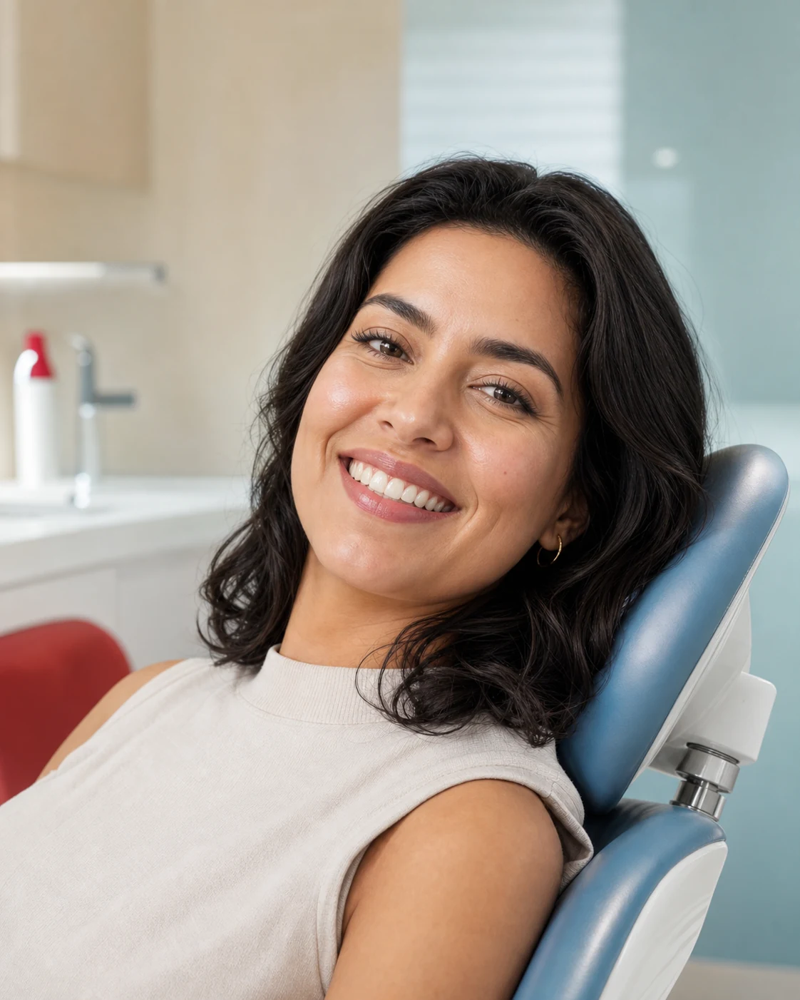 Mulher sorrindo em uma cadeira odontológica
